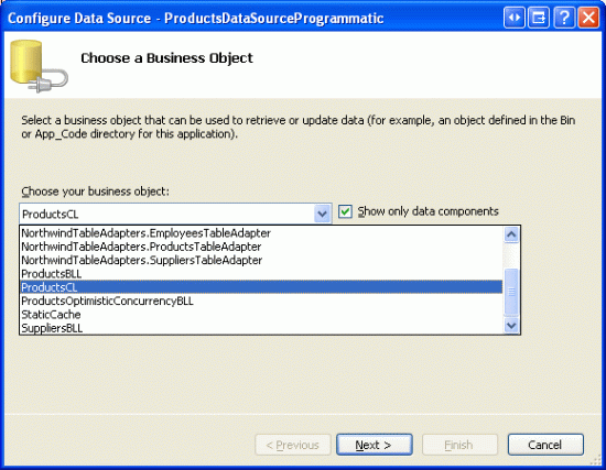 Configureer de ObjectDataSource voor het gebruik van de klasse ProductsCL