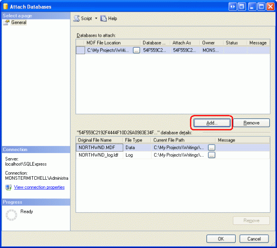 Koppel de NORTHWND.MDF-database uit de map App_Data