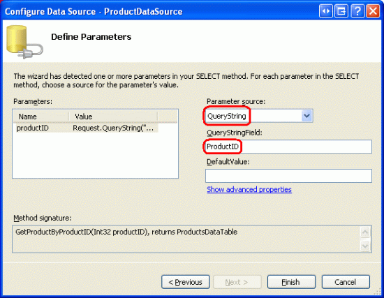 Configureer de parameter product-id om de waarde op te halen uit het querytekenreeksveld ProductID
