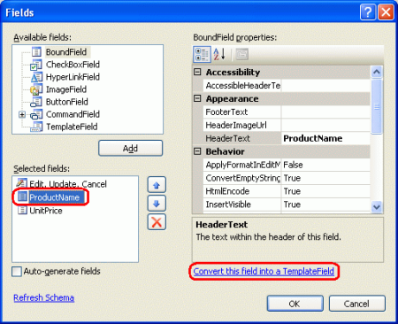 Elk van de DetailsView's en GridView's BoundFields converteren naar TemplateFields