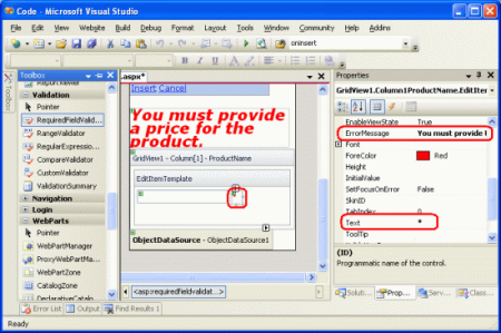 De eigenschappen ControlToValidate, ErrorMessage en Text van RequiredFieldValidator instellen