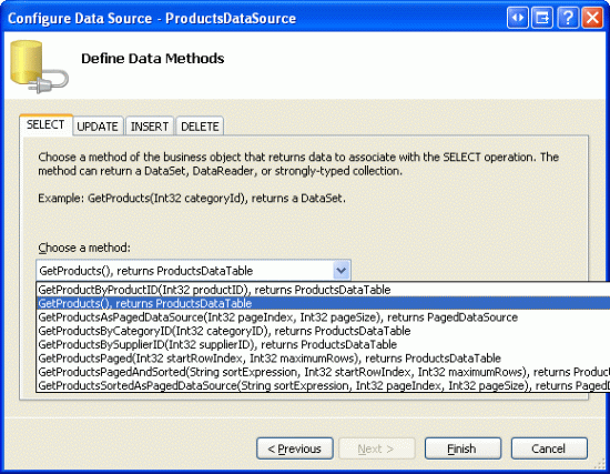 De ObjectDataSource configureren om gegevens op te halen met behulp van de methode GetProducts()