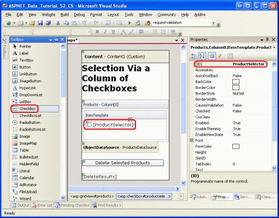 Een webbesturingselement voor selectievakjes met de naam ProductSelector toevoegen aan de TemplateField s ItemTemplate