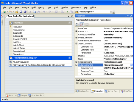 De TableAdapter heeft de eigenschappen InsertCommand, UpdateCommand en DeleteCommand