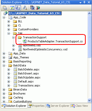 Voeg een map met de naam TransactionSupport en een klassebestand toe met de naam ProductsTableAdapter.TransactionSupport.cs