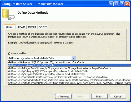 Afbeelding 5: De ObjectDataSource configureren voor het gebruik van de methode ProductsBLL Class s GetProducts