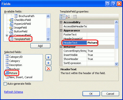Schermopname van het veldenvenster met TemplateField, Picture en HeaderText gemarkeerd.