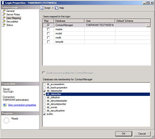 Selecteer in de lijst Databaserollidmaatschap voor: [databasenaam] de vereiste machtigingen. In het geval van de voorbeeldoplossing van Contact Manager moet u de db_datareader en db_datawriter rollen selecteren.
