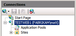 Vouw in IIS-beheer in het deelvenster Verbindingen het serverknooppunt uit (bijvoorbeeld TESTWEB1).