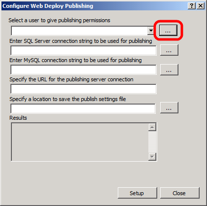 Klik in het dialoogvenster Web Deploy-publicatie configureren rechts van de lijst Een gebruiker selecteren om publicatiemachtigingen te geven op de ellipsknop.