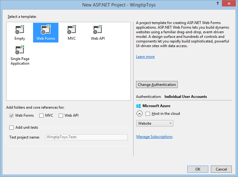 Schermopname van het venster Nieuw ASP.NET Project met de webformuliersjabloon en de knop OK geselecteerd.