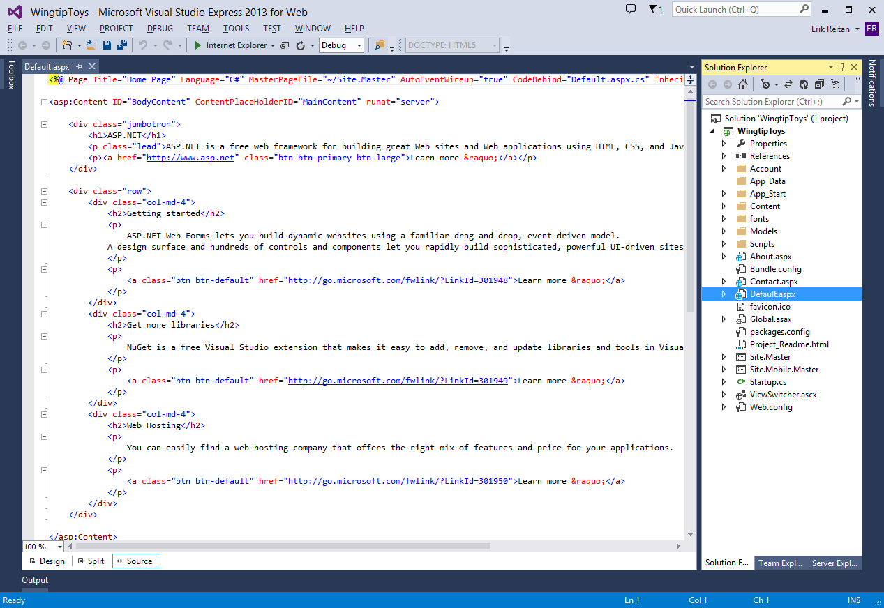 Schermopname van het microsoft Visual Studio Express 2013 for Web-venster met de pagina Default.aspx.