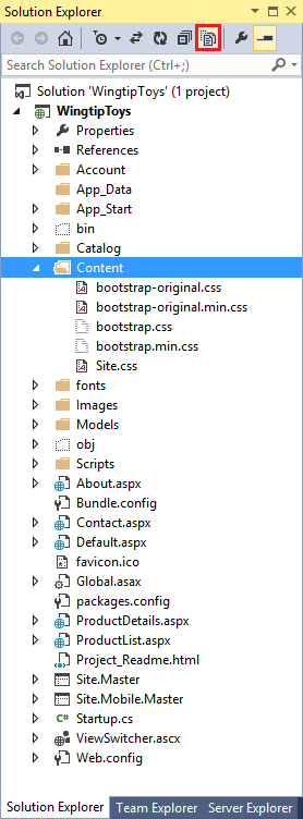 Schermopname van het venster Solution Explorer met de map Inhoud geopend met alle bestanden in de map.