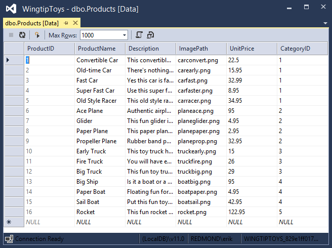 Gebruikersinterface en navigatie - Tabel Producten