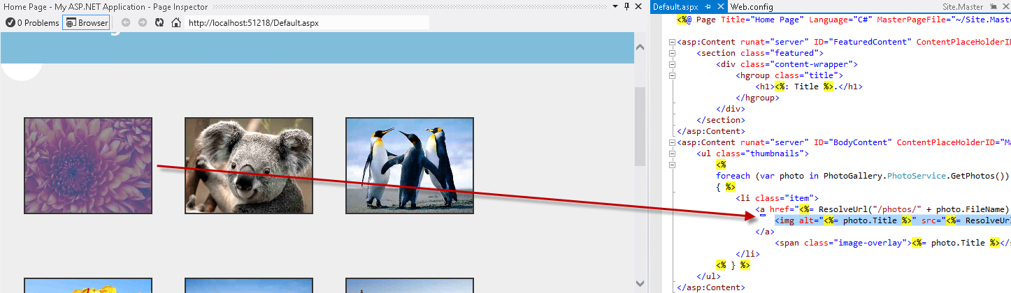 Schermopname van het venster Page Inspector en de Visual Studio-editor Default.aspx bestand waarin wordt weergegeven dat het gedeelte van de broncode dat het geselecteerde element genereert, is gemarkeerd.