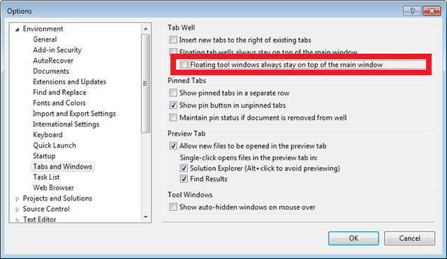 Schakel het selectievakje voor zwevende hulpmiddelvensters uit om met ALT+TAB te schakelen tussen Visual Studio en het niet-gedockte Page Inspector-venster