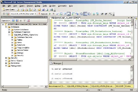 Schermopname van het venster Microsoft SQL Server Management Studio, waarin de opdrachten uit het scriptbestand worden uitgevoerd op de productieserver.
