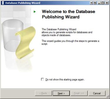 Schermopname van het venster van de Wizard Databasepublicatie, waarop het welkomstscherm en de knop Volgende worden getoond om verder te gaan met de wizard.