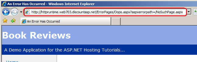 Schermopname van de browser die wordt omgeleid naar de aangepaste foutpagina-URL wanneer er een fout optreedt.