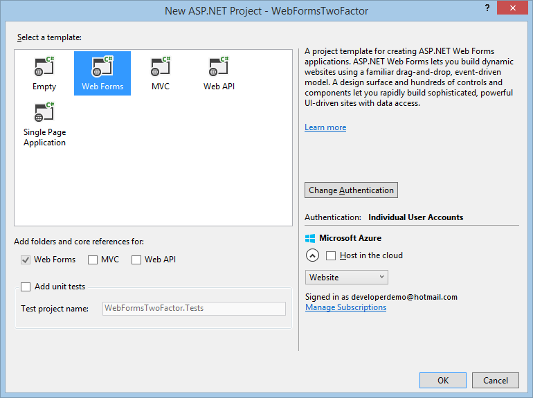 Schermopname van het dialoogvenster New A P P Dot Net Project waarin het pictogram Webformulieren blauw is gemarkeerd.