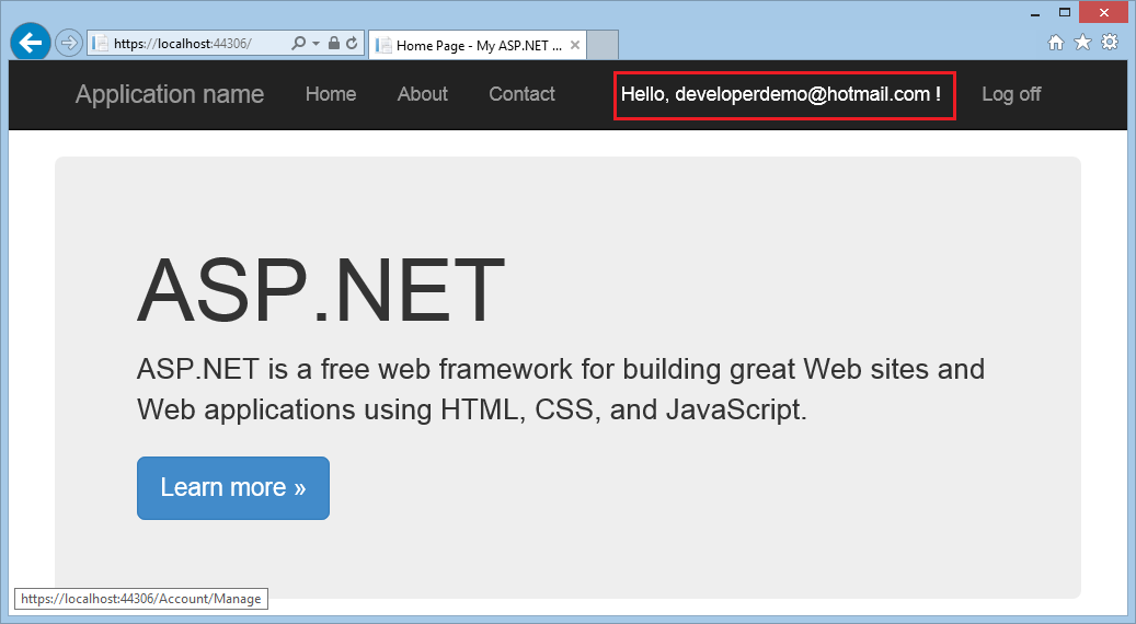 Schermopname van het ASP.NET browservenster met de User ID gemarkeerd met een rode rechthoek.