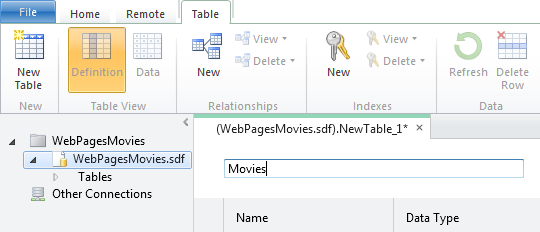 Een tabelnaam invoeren in de webmatrixdatabaseontwerper