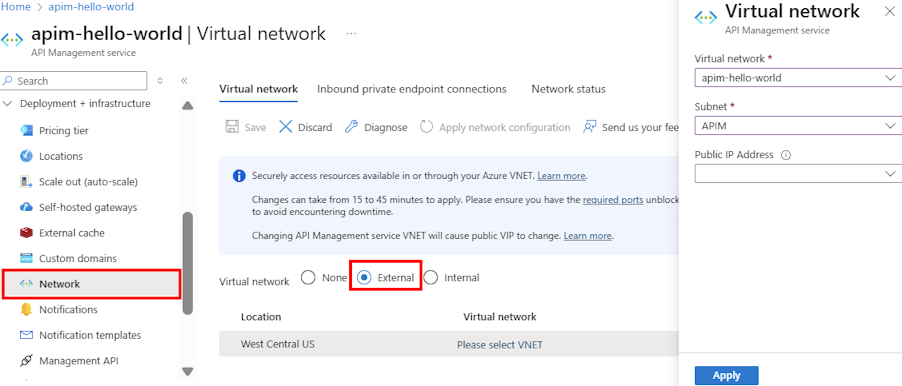 Schermopname van de configuratie van het virtuele netwerk in de portal.