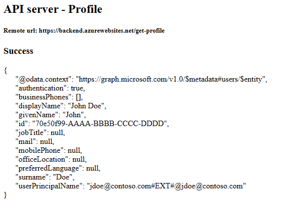 Schermopname van een webbrowser die de frontend-toepassing toont na het succesvol verkrijgen van het echte profiel van de back-end-toepassing.