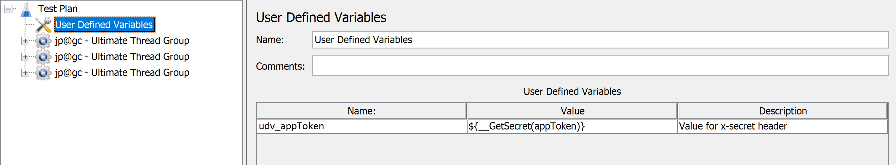 Schermopname die laat zien hoe u door de gebruiker gedefinieerde variabelen toevoegt aan uw Apache JMeter-script.