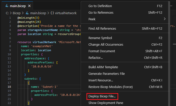 Schermopname van de optie Deploy Bicep File.