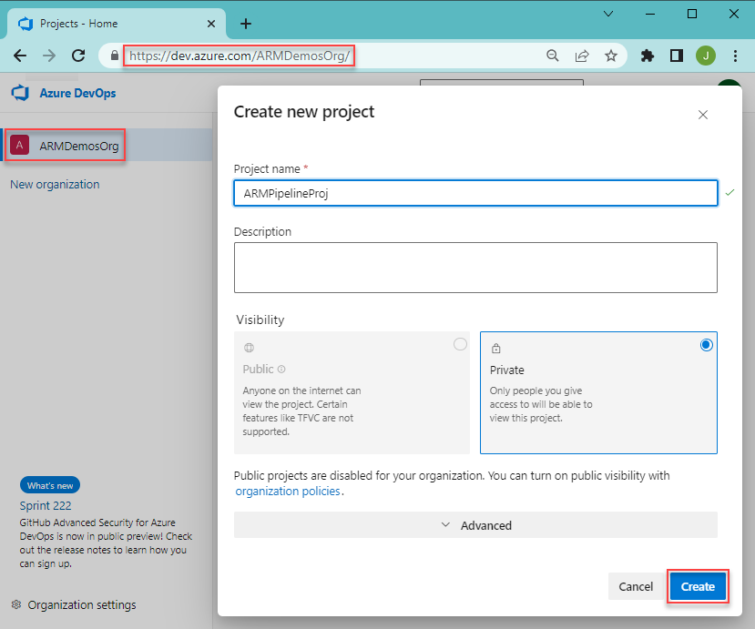 Schermopname van het maken van een Azure DevOps-project voor Azure Resource Manager Azure DevOps Azure Pipelines.