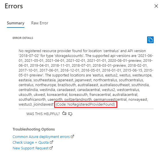 Schermafbeelding van een overzicht van implementatiefouten in de Azure Portal, met het foutbericht en de foutcode NoRegisteredProviderFound.