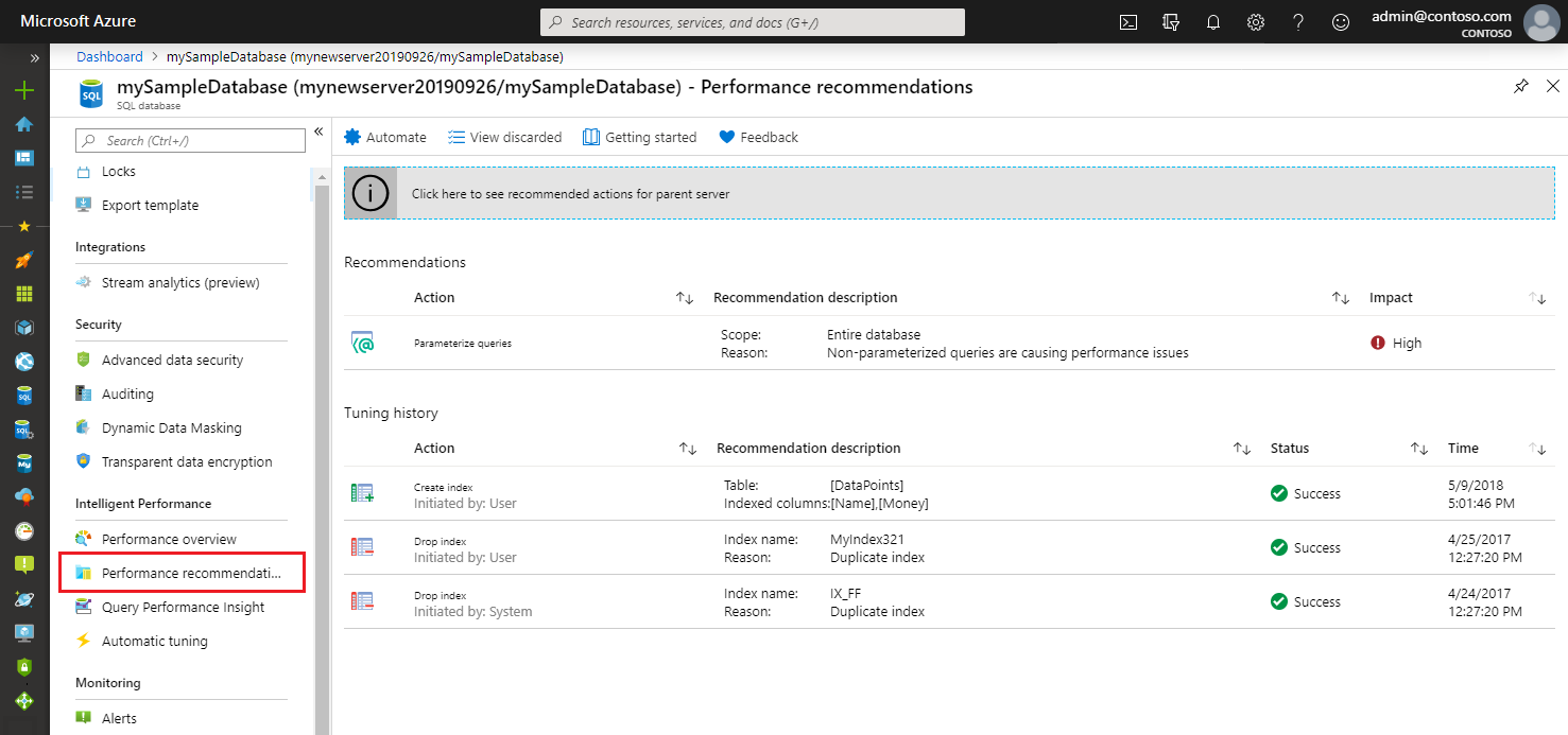 Een schermopname van Azure Portal met voorbeeldprestaties voor Azure SQL Database.