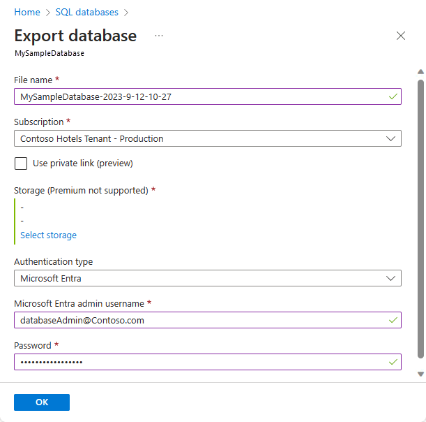 Schermopname van de pagina Database exporteren met gebruikersnaam en wachtwoord opgegeven.