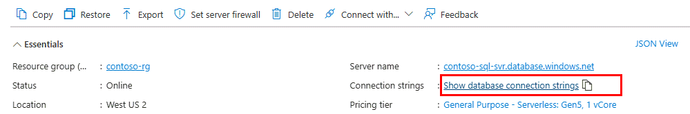 Schermopname van Azure Portal van een overzichtspagina van een SQL-database. De koppeling databaseverbindingsreeksen weergeven is gemarkeerd.