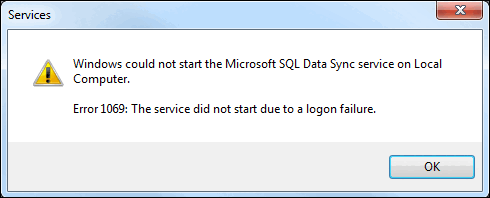 Schermopname van het dialoogvenster Data Sync-fout 1069.