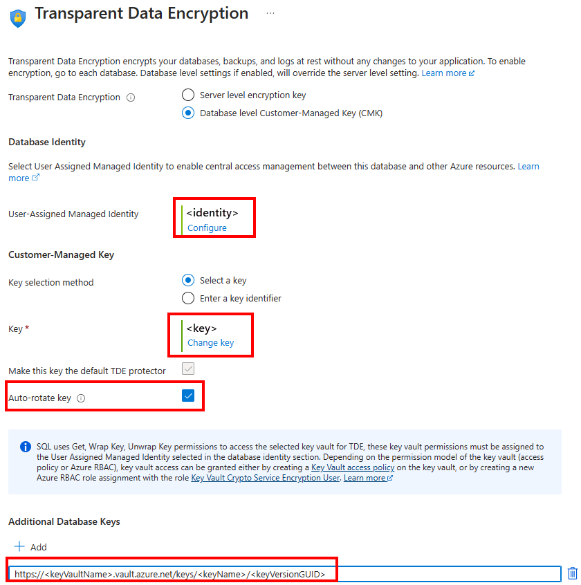 Schermopname van het menu Transparante gegevensversleuteling in Azure Portal waarin wordt verwezen naar het toevoegen van extra sleutels.