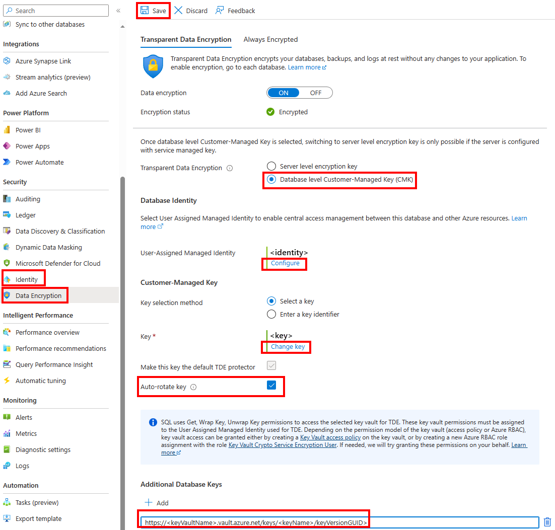 Schermopname van het menu Transparante gegevensversleuteling in Azure Portal bij het bijwerken van een bestaande database.