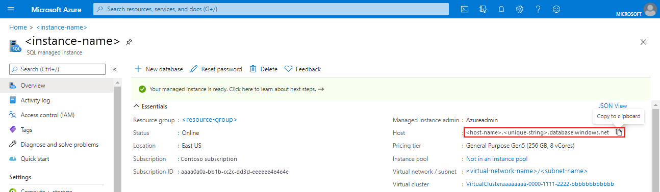 Schermopname van de pagina Overzicht voor de instantie in de Azure Portal met de hostnaam geselecteerd.