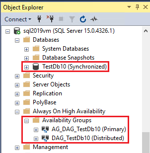Schermafbeelding met de status van de SQL Server-database en gedistribueerde beschikbaarheidsgroep in SSMS.
