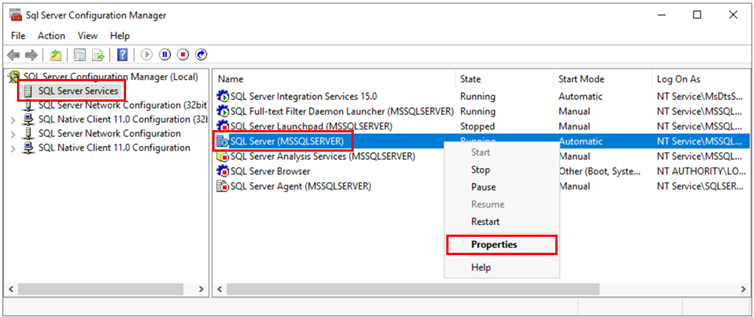 Schermafbeelding met SQL Server Configuration Manager, met selecties voor het openen van eigenschappen voor de service.