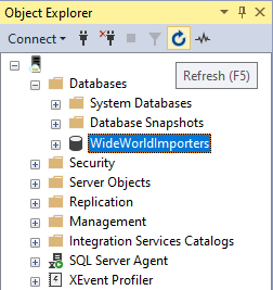 Schermopname van Object Explorer. De herstelde database wordt uitgelicht.
