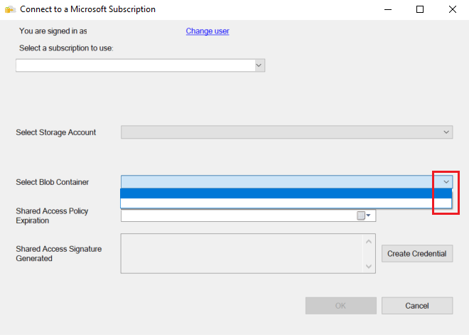 Schermopname van het dialoogvenster Verbinding maken met een Microsoft-abonnement. De pijl-omlaag in de keuzelijst Blobcontainer selecteren wordt uitgelicht.