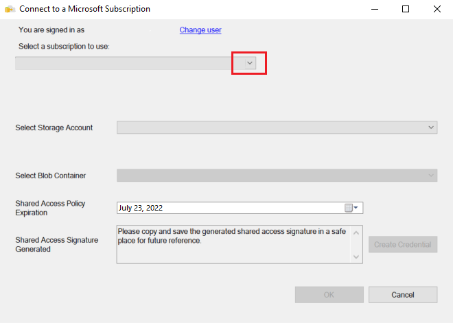 Schermopname van het dialoogvenster Verbinding maken met een Microsoft-abonnement. Onder Selecteer een abonnement dat u wilt gebruiken, wordt de pijl-omlaag in de keuzelijst uitgelicht.