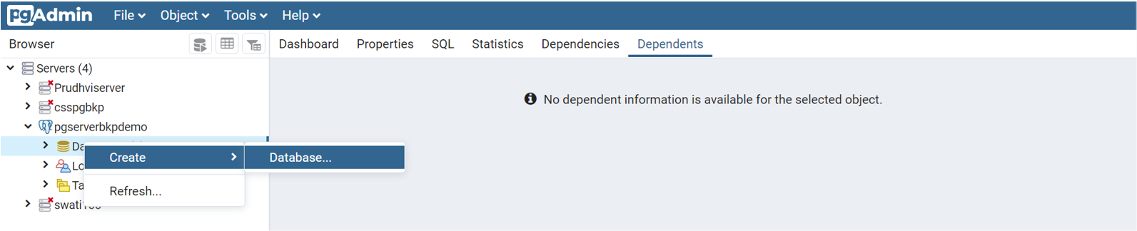 Schermopname van menuselecties voor het toevoegen van nieuwe databases en databasegebruikers aan een server.