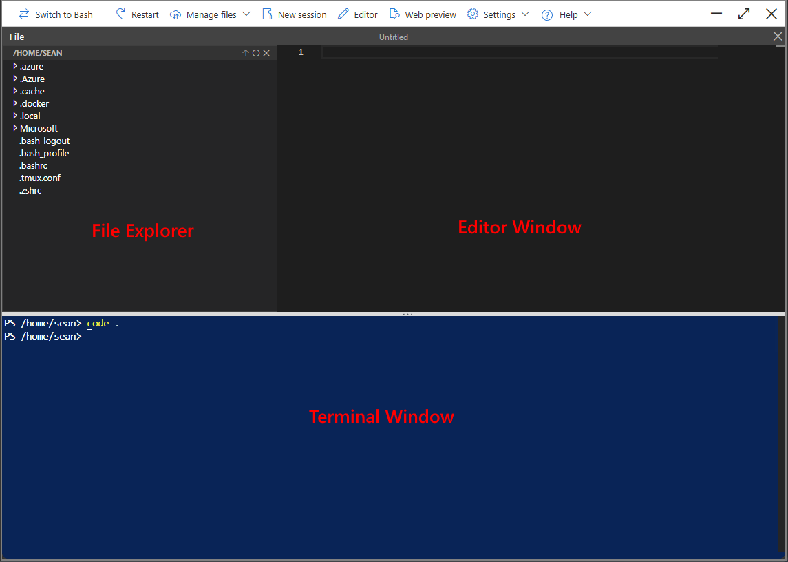 Schermopname van de Cloud Shell-editor.