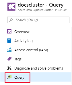 Schermopname van een Azure Data Explorer-cluster in Azure Portal. Het query-item is gemarkeerd.