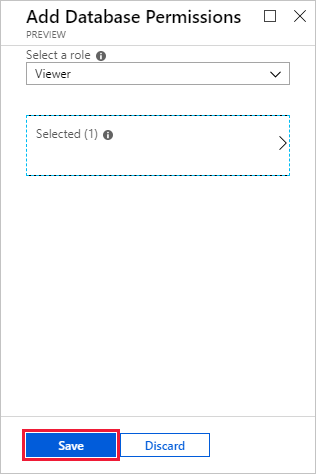 Schermopname van het deelvenster Databasemachtigingen toevoegen in Azure Portal. De knop Opslaan is gemarkeerd.