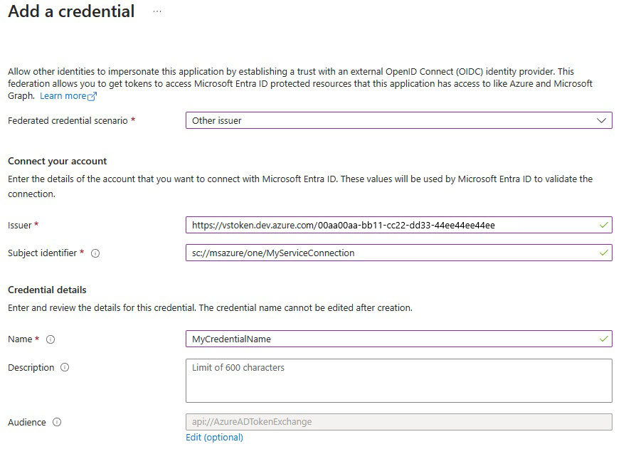 Schermopname die laat zien hoe u een nieuwe serviceverbinding maakt met federatieve identiteitsreferenties.