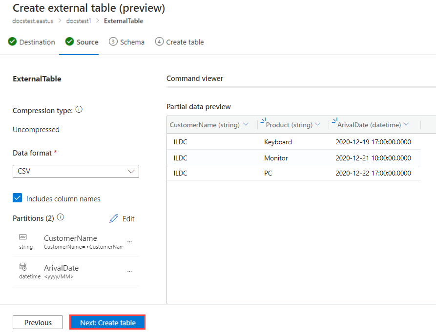 Schermopname van een externe schematabel in Azure Data Explorer.